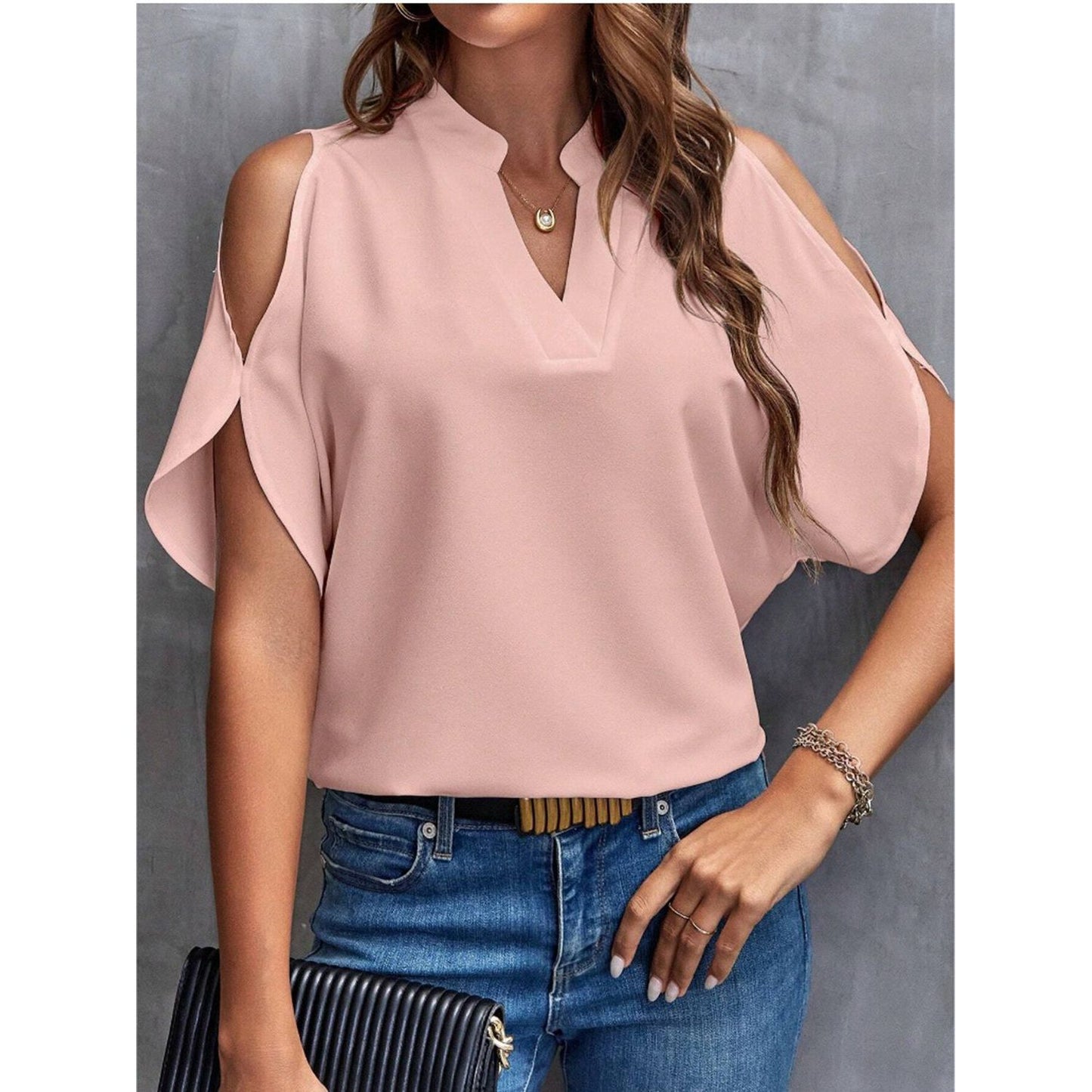 Notched Cold Shoulder Half Sleeve Blouse
