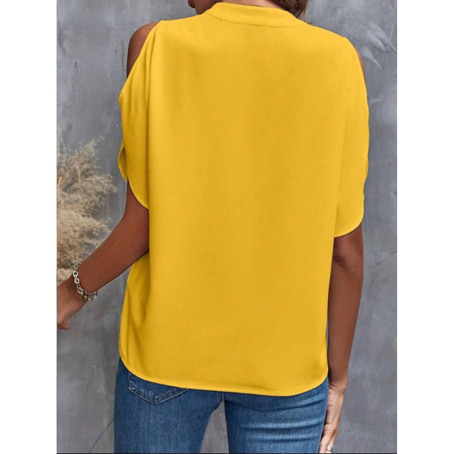 Notched Cold Shoulder Half Sleeve Blouse