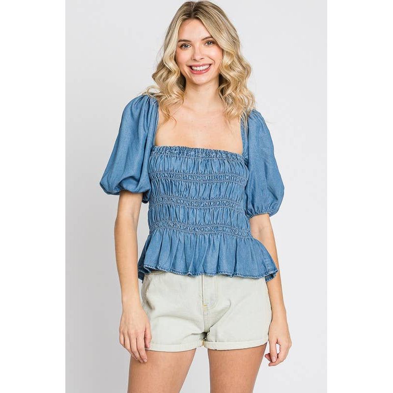 Denim Smocked Peplum Top