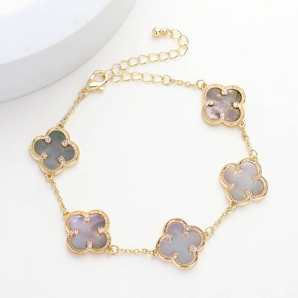 Brass Metal Mother Of Pearl Quatrefoil Station Bracelet