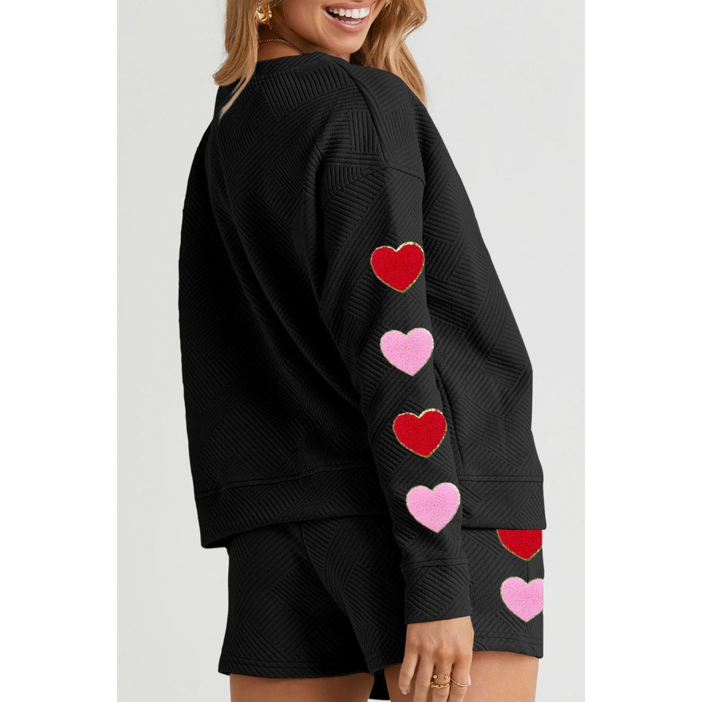 Heart Texture Round Neck Top and Drawstring Shorts Set
