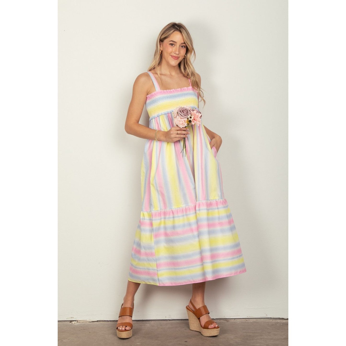 VERY J Striped Woven Smocked Midi Cami Dress