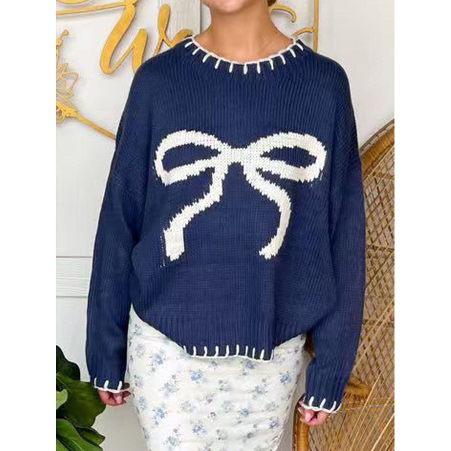 Bow Round Neck Long Sleeve Sweater