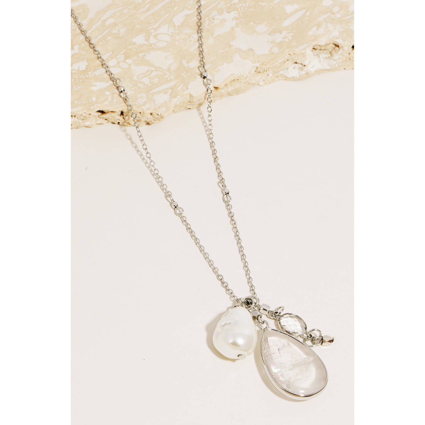 Tear Stone And Pearl Pendant Long Necklace