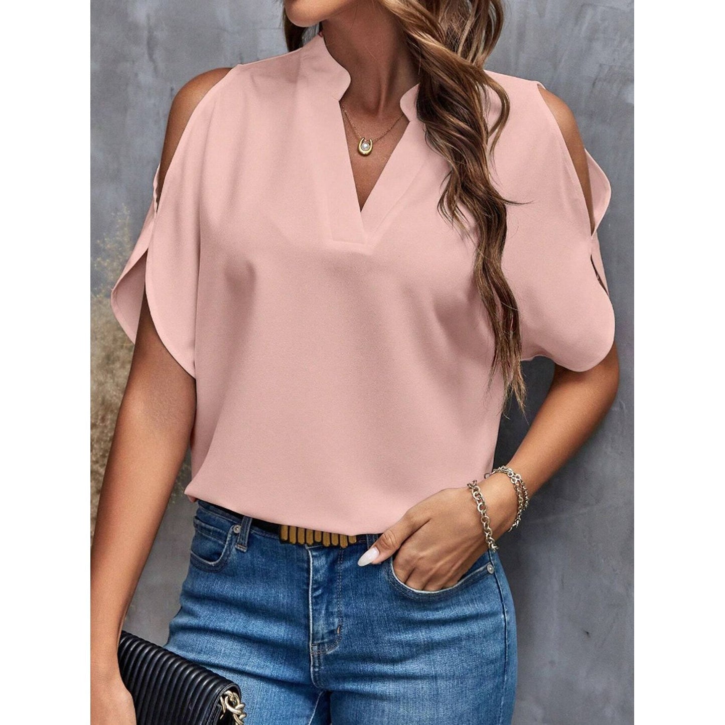 Notched Cold Shoulder Half Sleeve Blouse