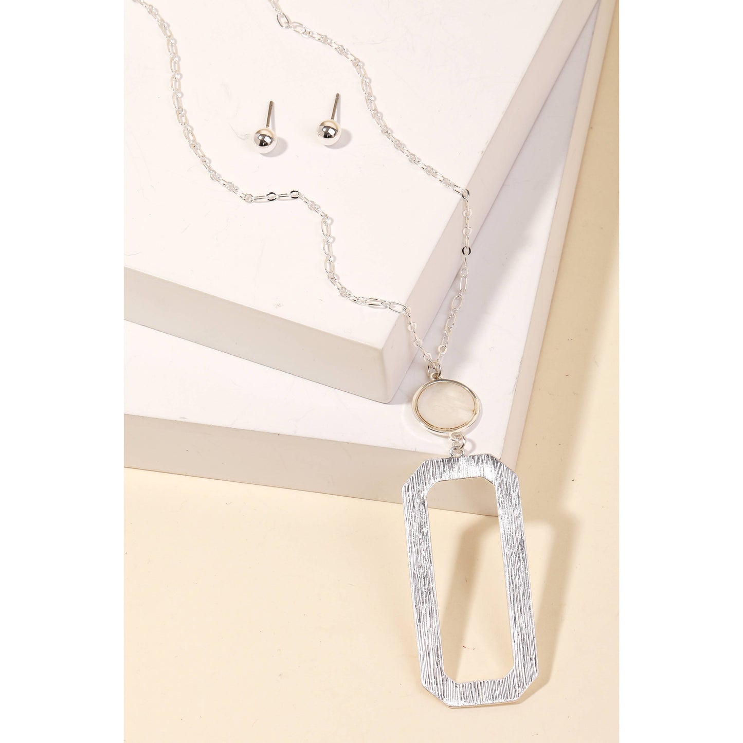 Textured Rectangle Pendant Long Necklace Set