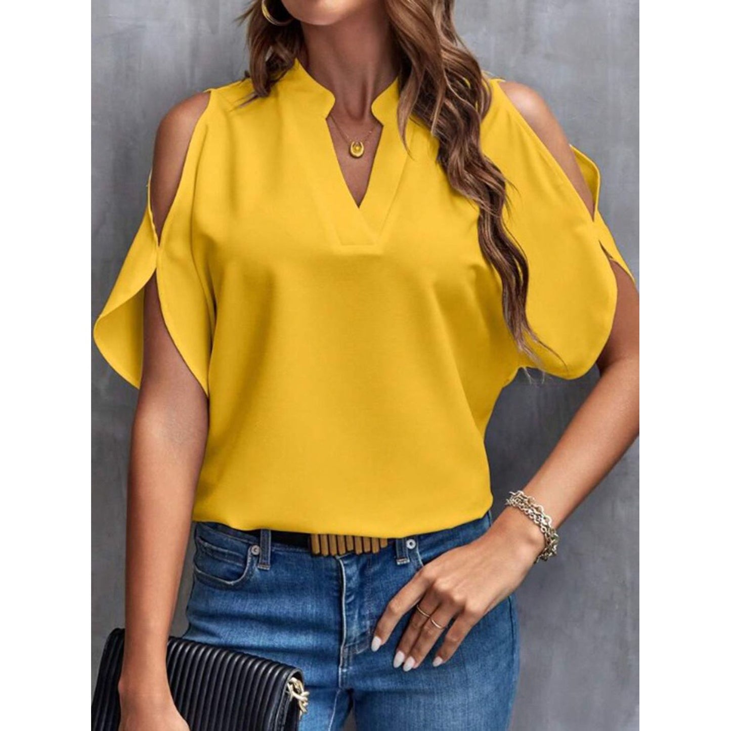 Notched Cold Shoulder Half Sleeve Blouse