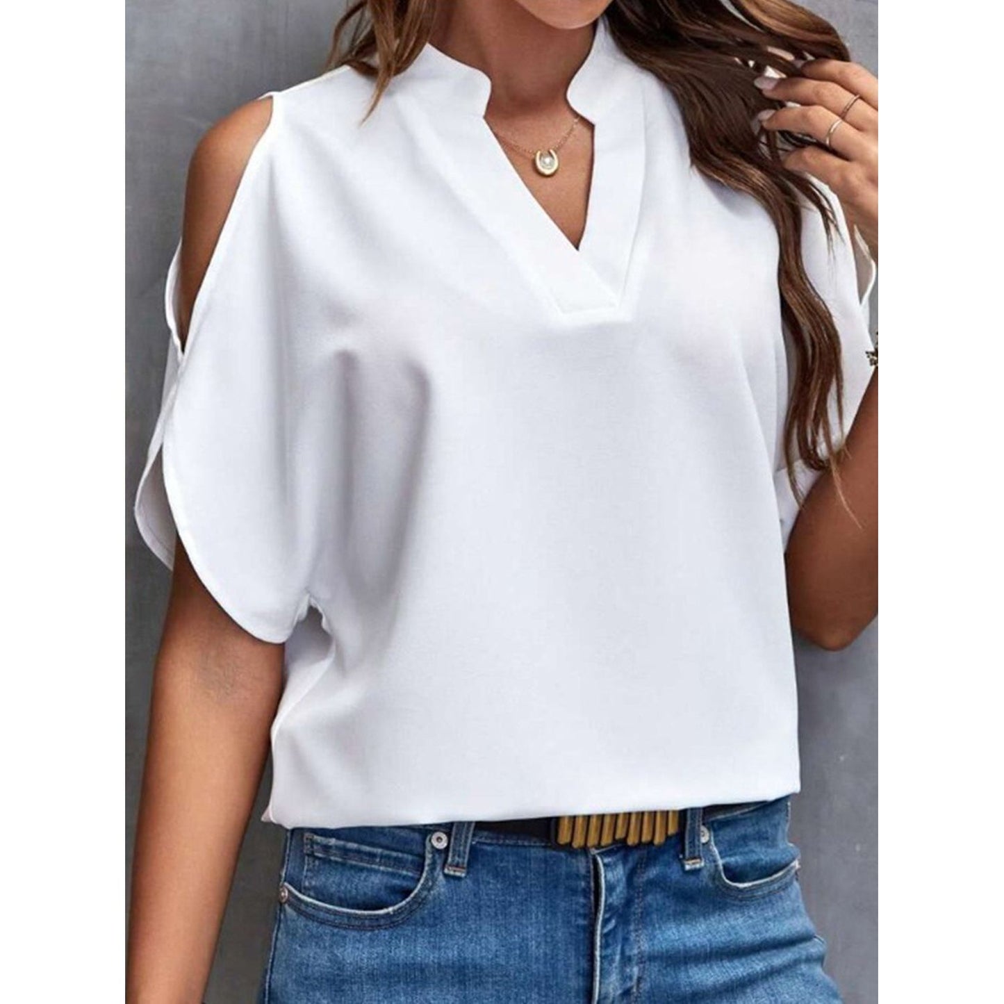 Notched Cold Shoulder Half Sleeve Blouse