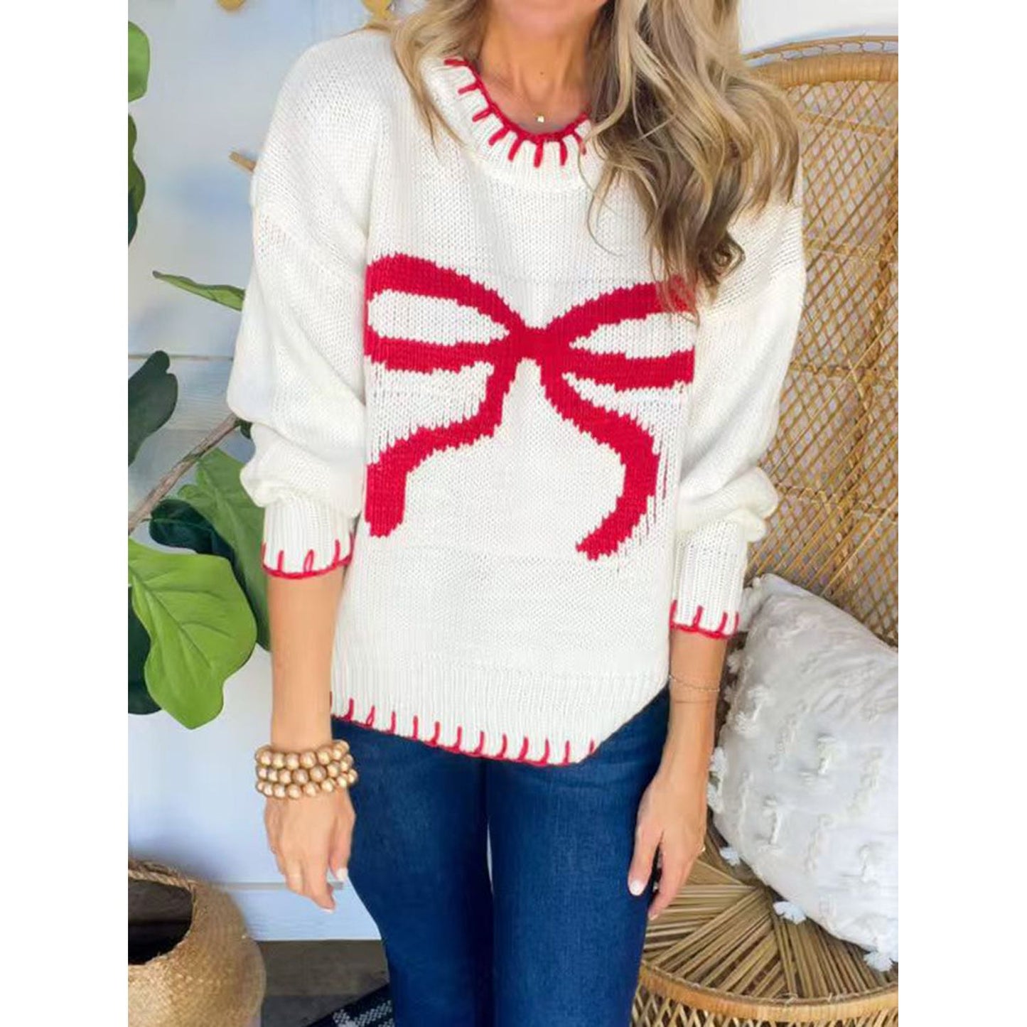 Bow Round Neck Long Sleeve Sweater