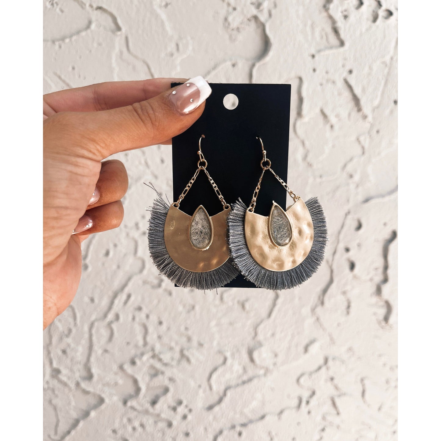 Gray Stone Tassel Earrings