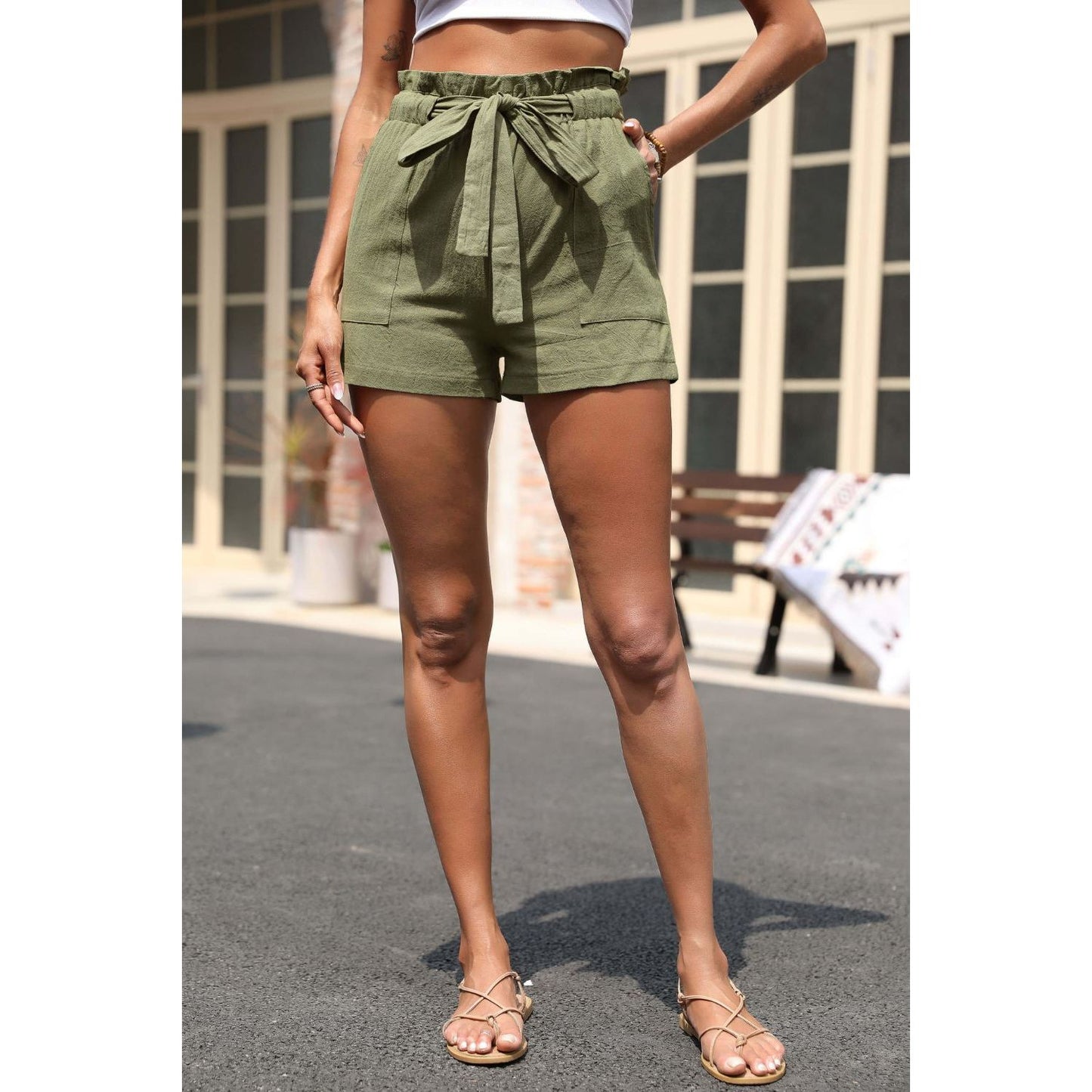 Drawstring Paperbag Waist Shorts with Pockets