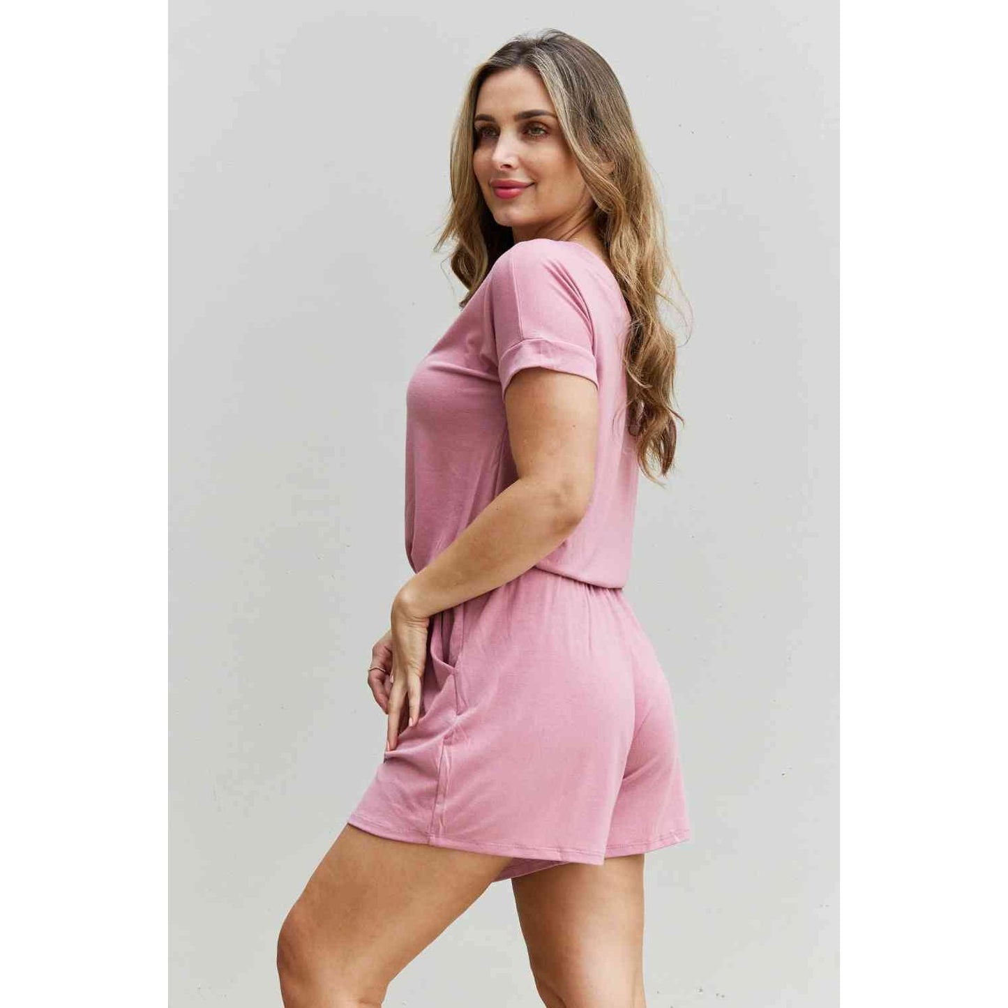 Zenana Chilled Out Full Size Short Sleeve Romper in Light Carnation Pink