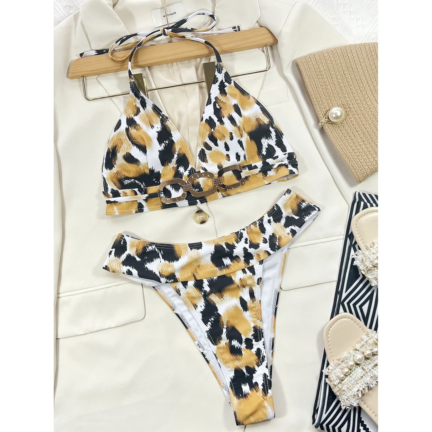 Animal Print Halter Neck Bikini Set