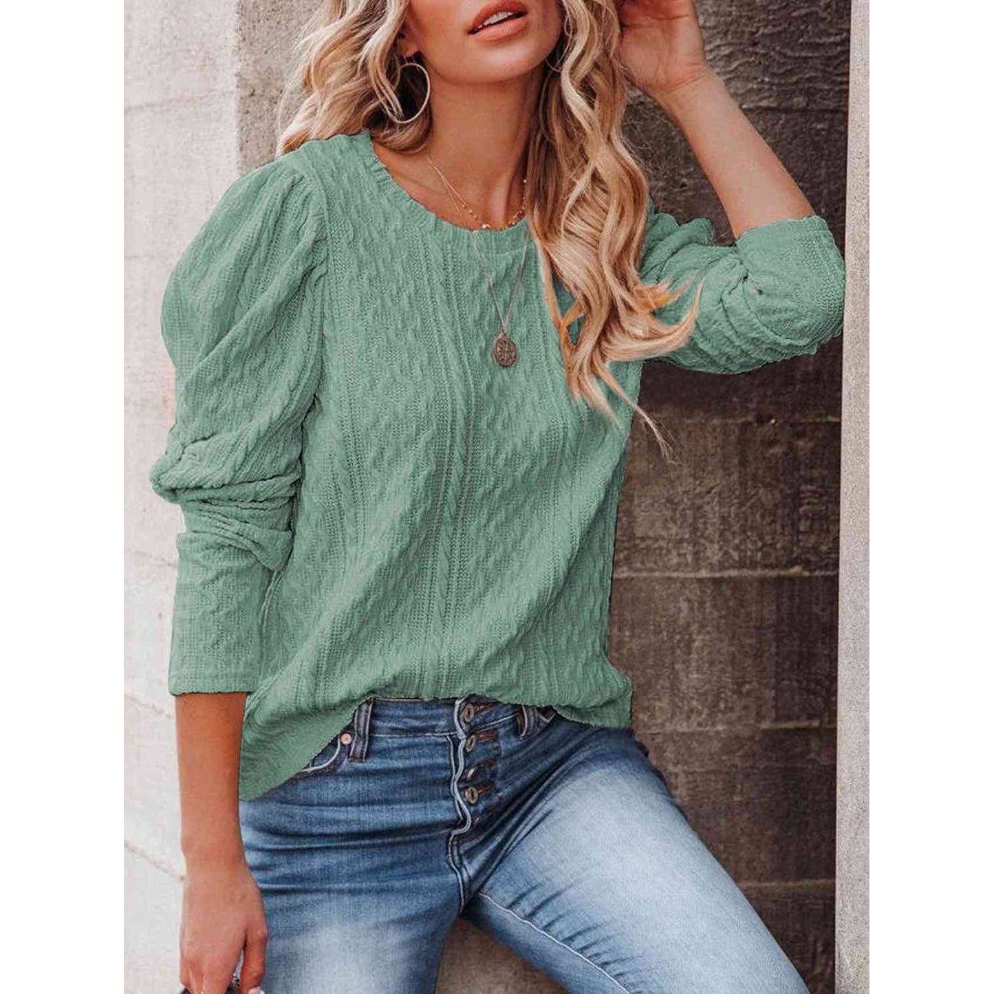 Round Neck Puff Sleeve Knit Top