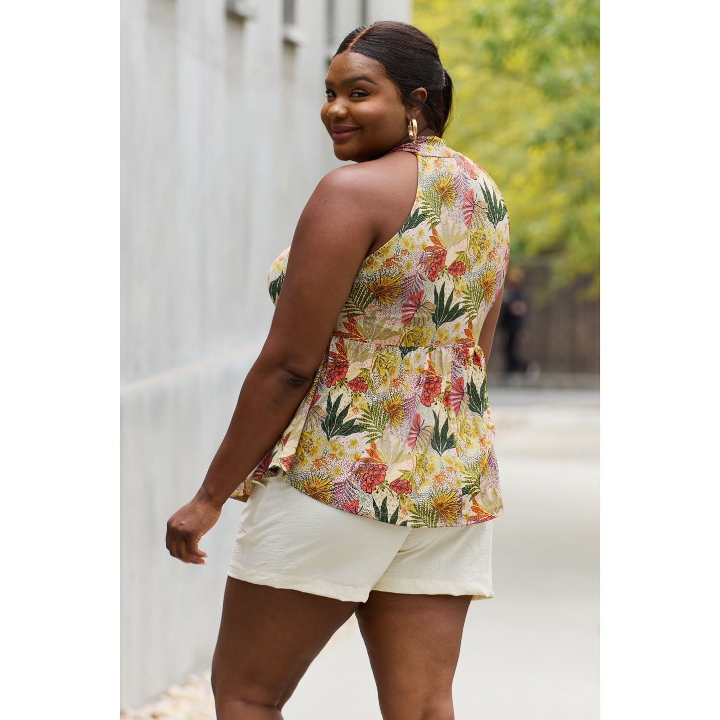 Be Stage Full Size Floral Halter Top in Green