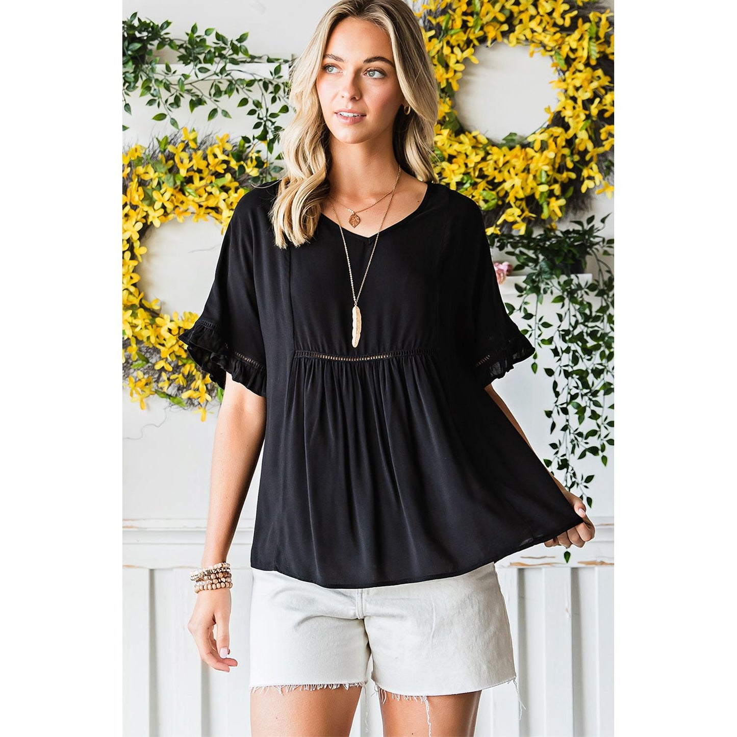 V-Neck Flounce Sleeve Babydoll Blouse