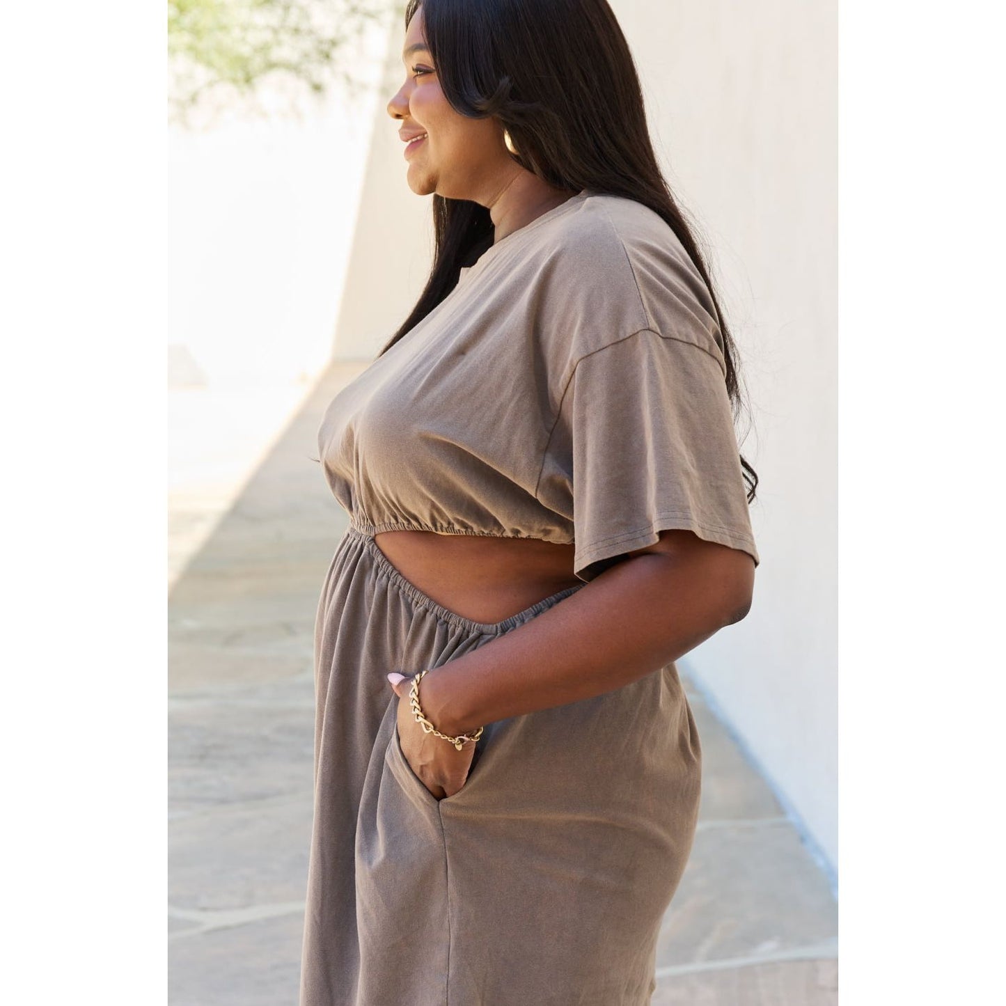 HEYSON Summer Field Cutout T-Shirt Dress in Taupe