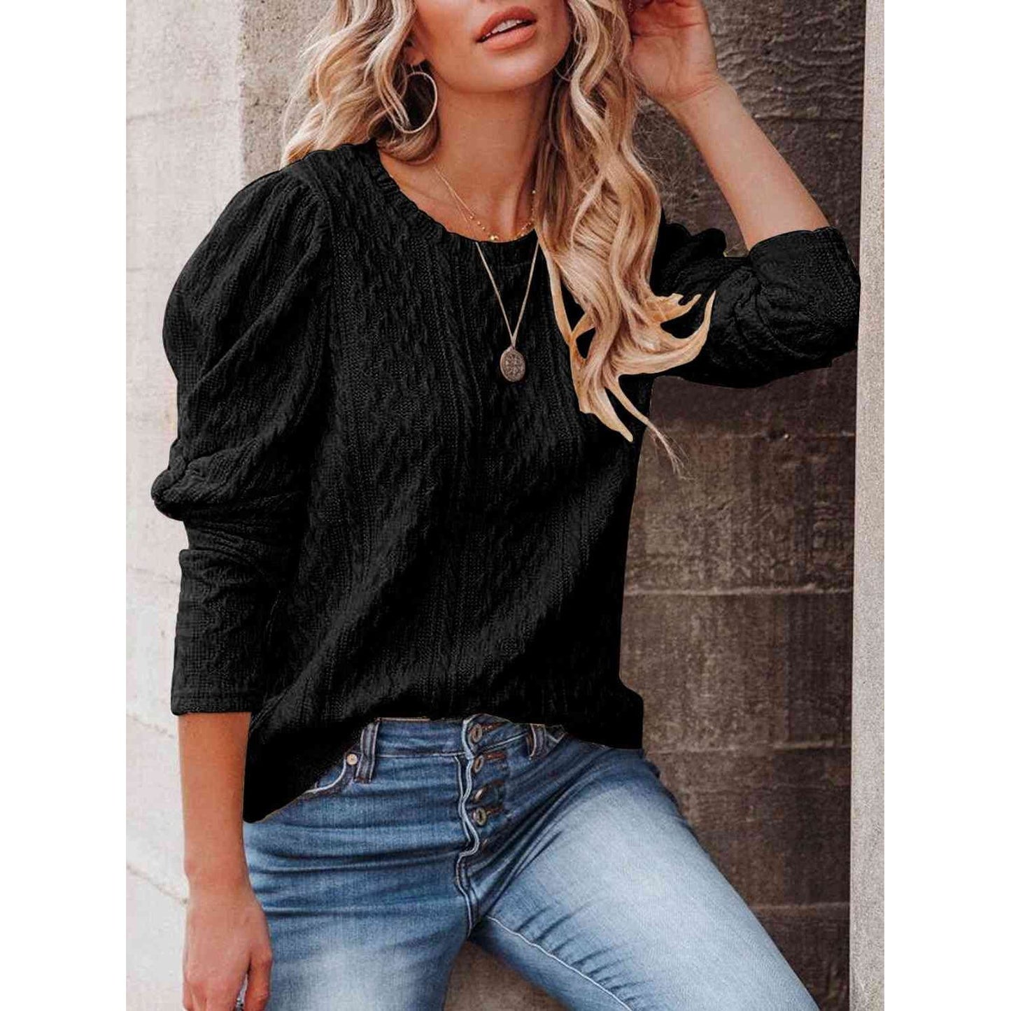 Round Neck Puff Sleeve Knit Top
