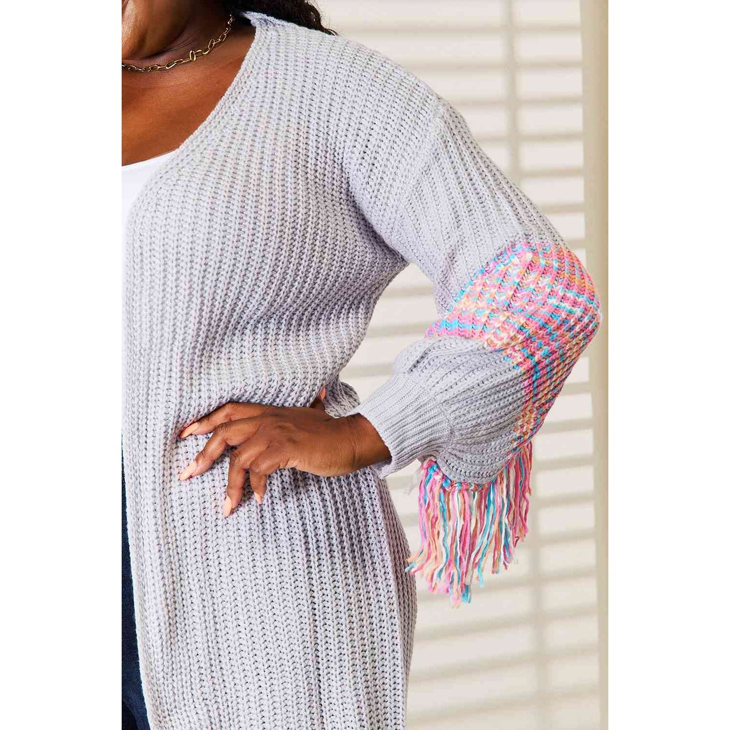 Woven Right Fringe Sleeve Dropped Shoulder Cardigan