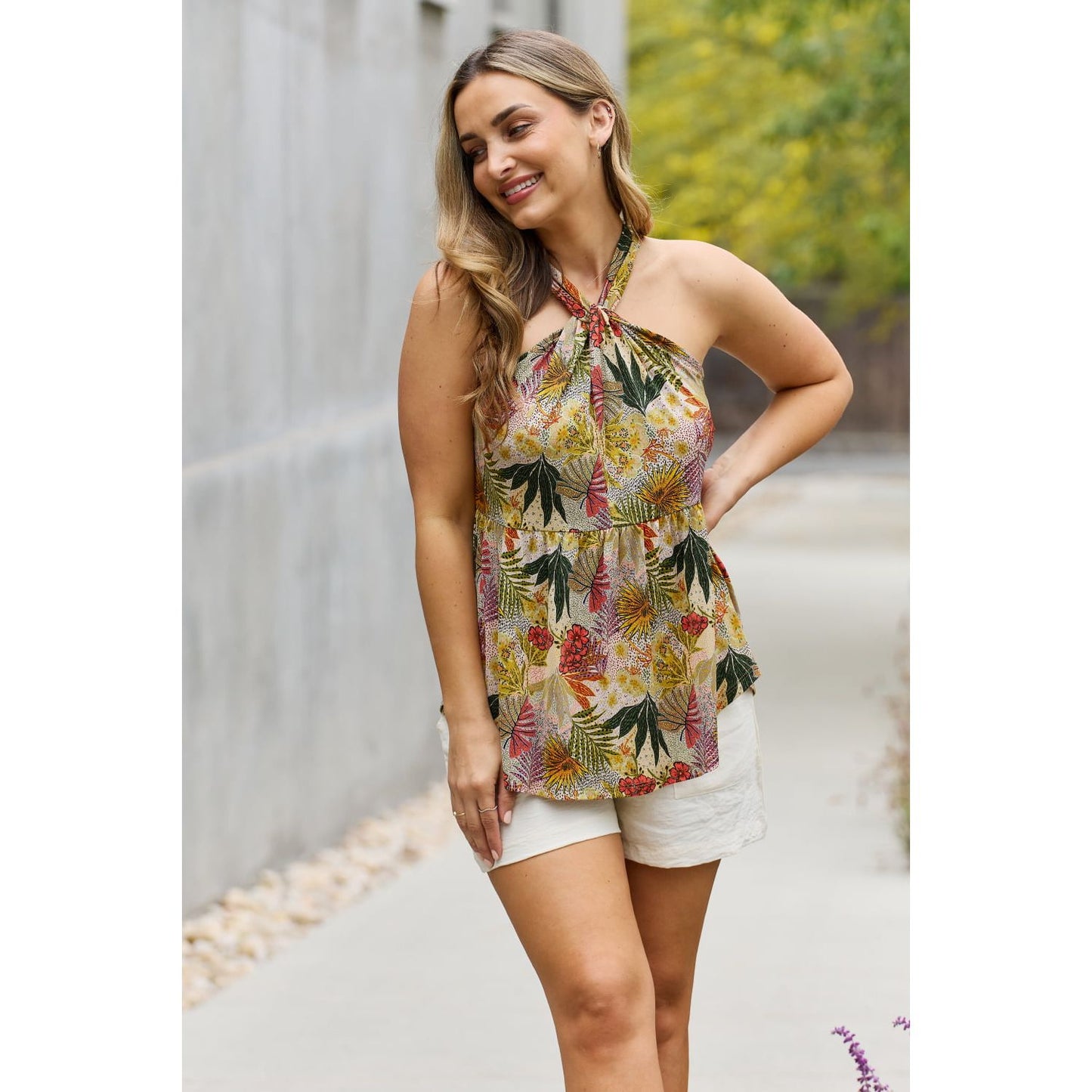 Be Stage Full Size Floral Halter Top in Green