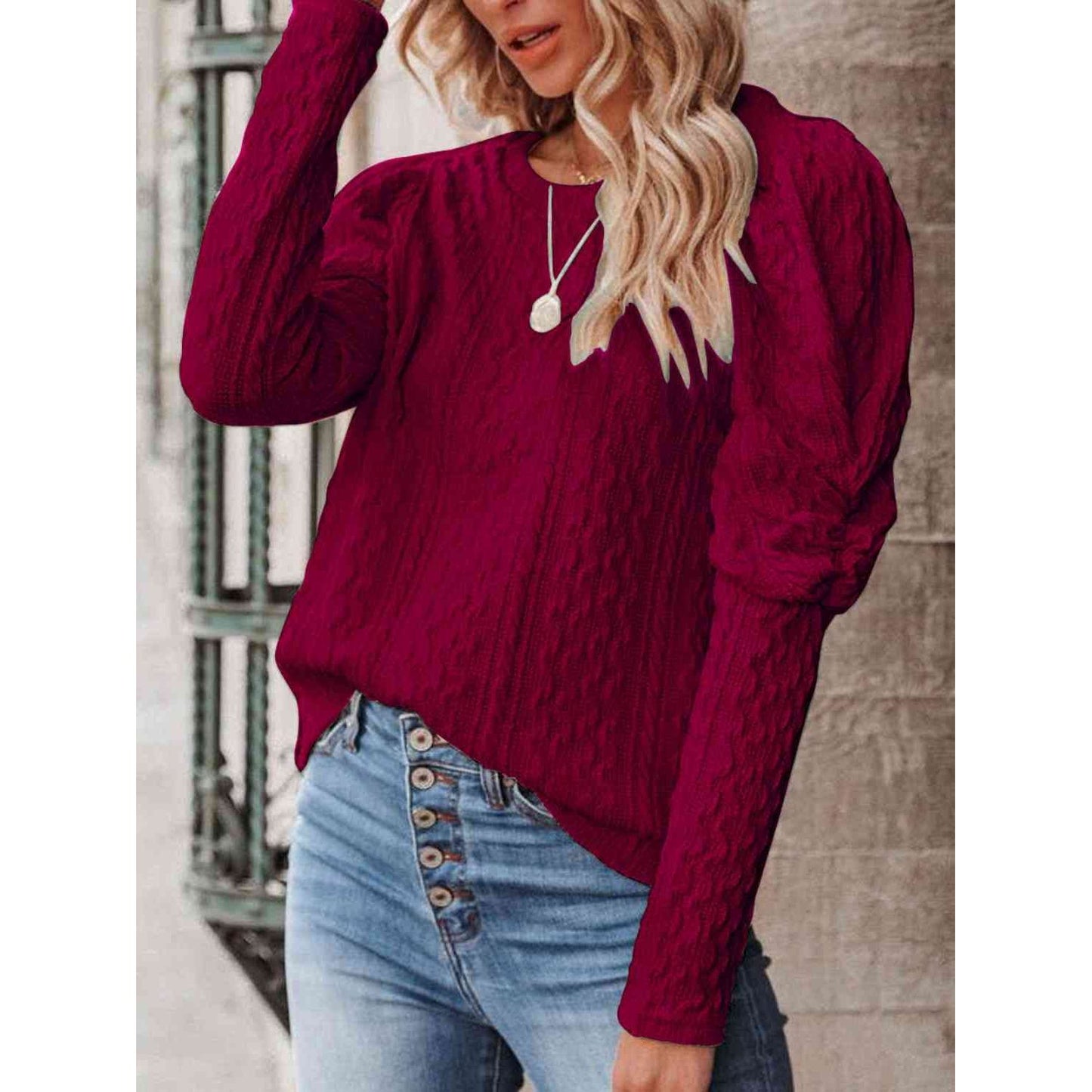 Round Neck Puff Sleeve Knit Top