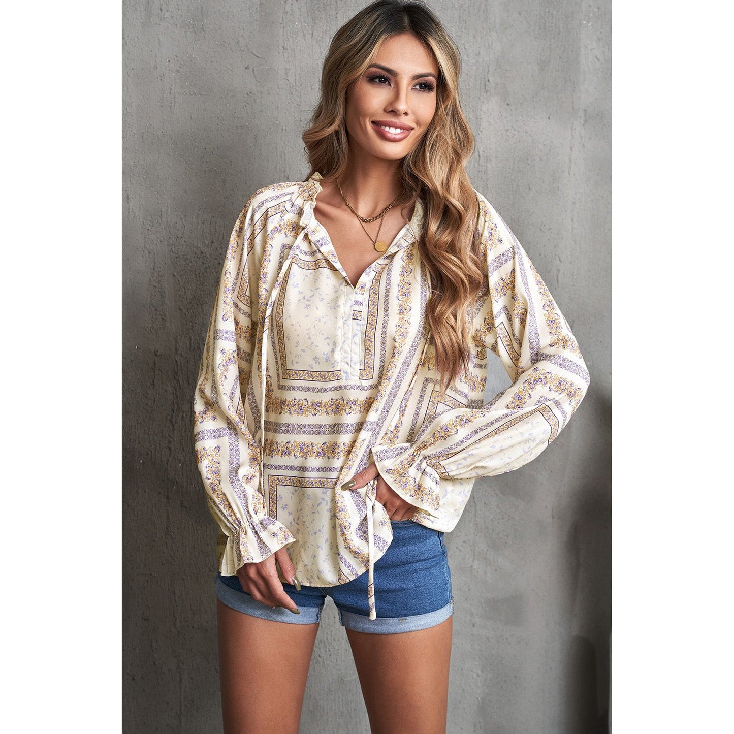 Printed Flounce Sleeve Ruffled Neck Blouse
