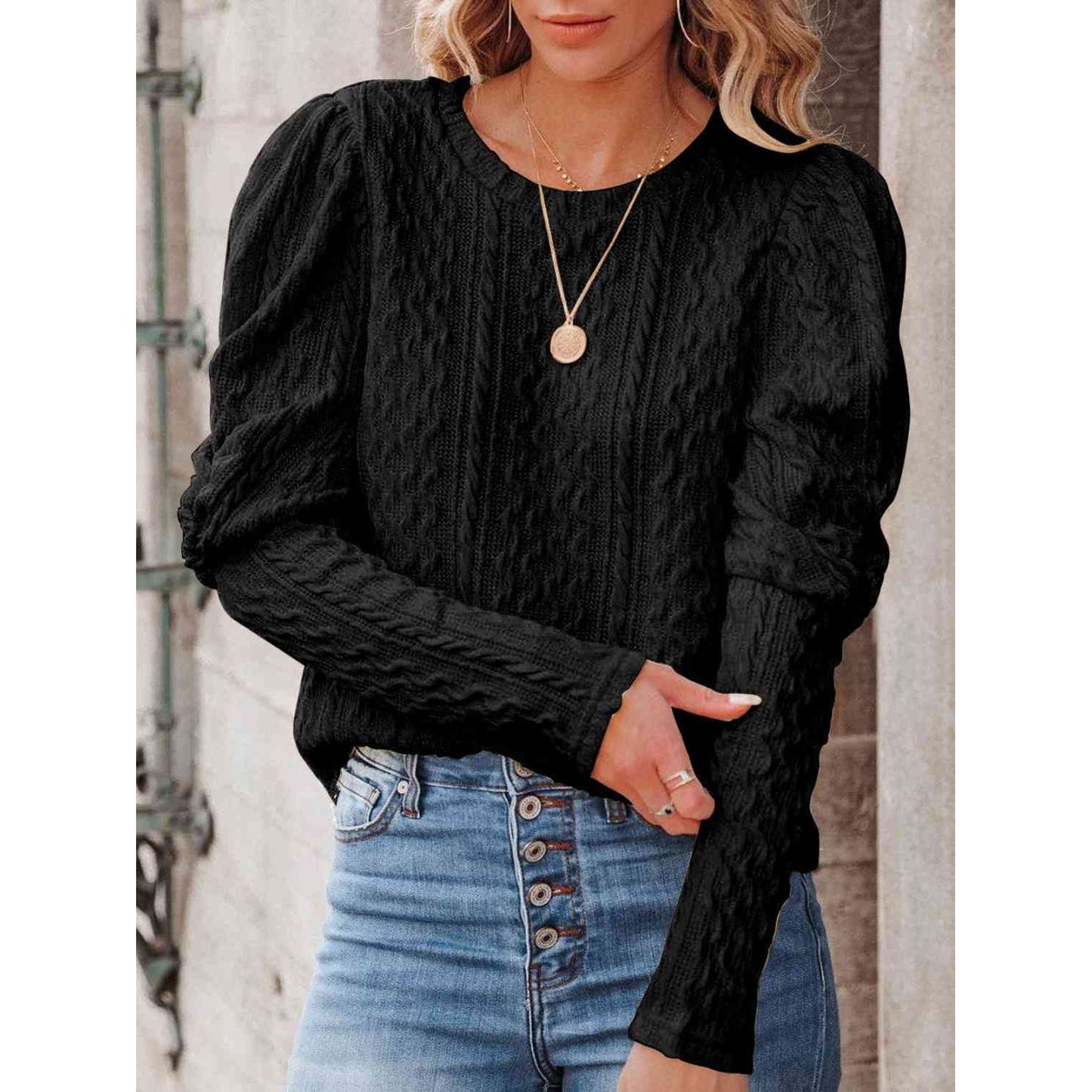 Round Neck Puff Sleeve Knit Top