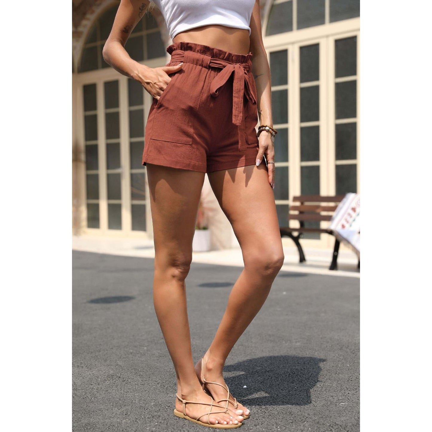 Drawstring Paperbag Waist Shorts with Pockets