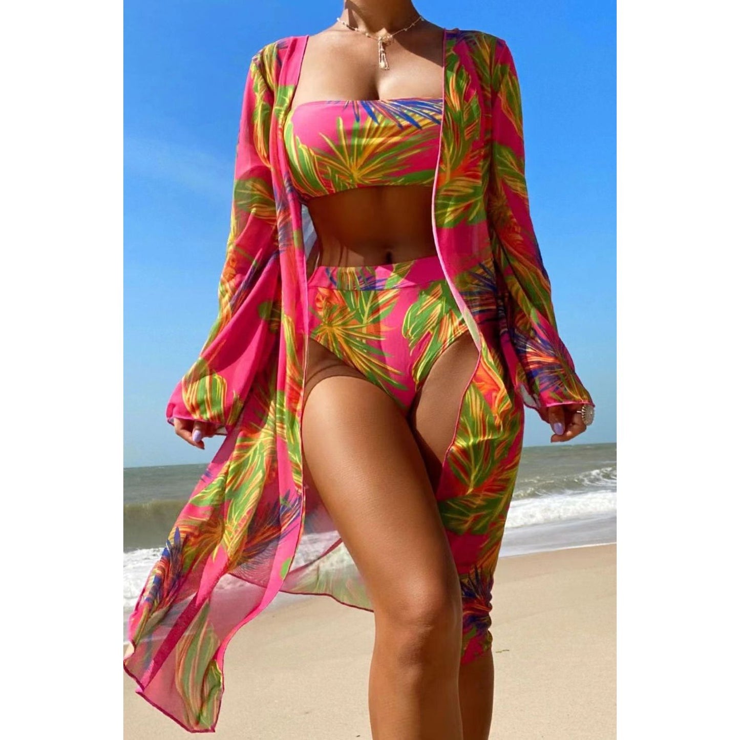 Botanical Print Tube Top, Swim Bottoms, and Cover Up Set