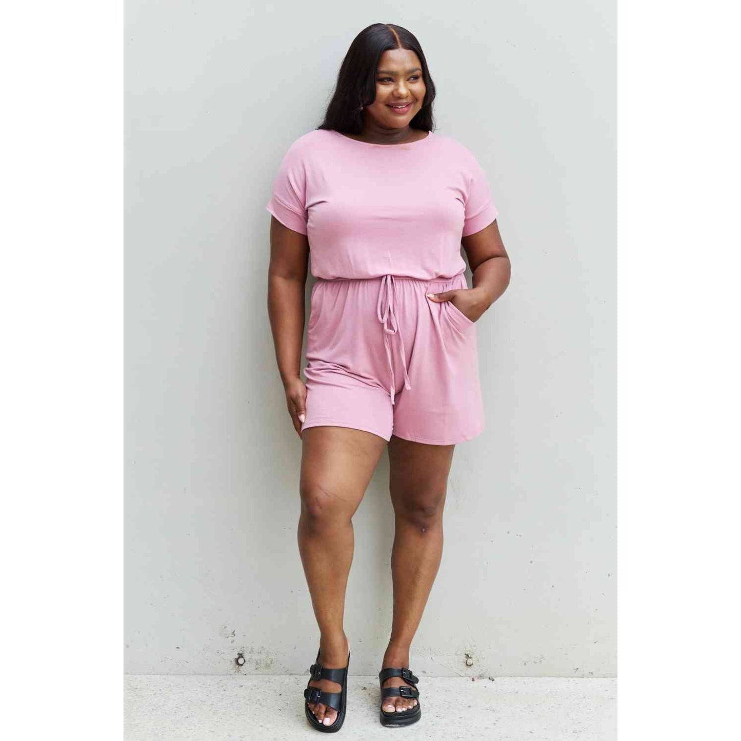 Zenana Chilled Out Full Size Short Sleeve Romper in Light Carnation Pink