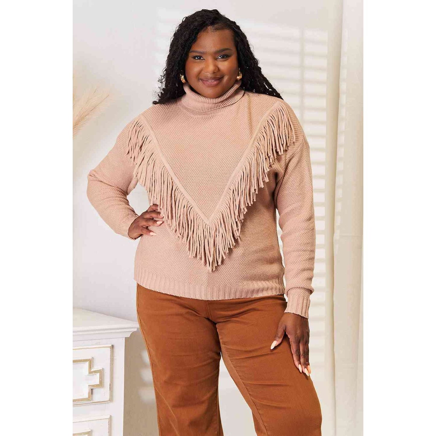 Woven Right Turtleneck Fringe Front Long Sleeve Sweater