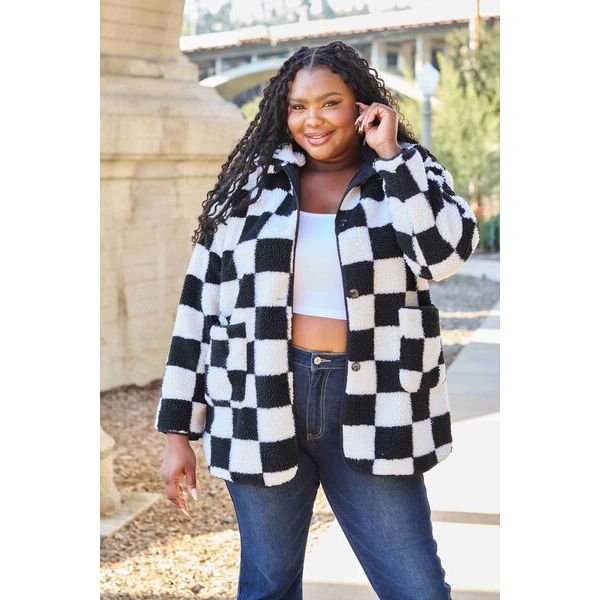 Double Take Full Size Checkered Button Front Coat with Pockets