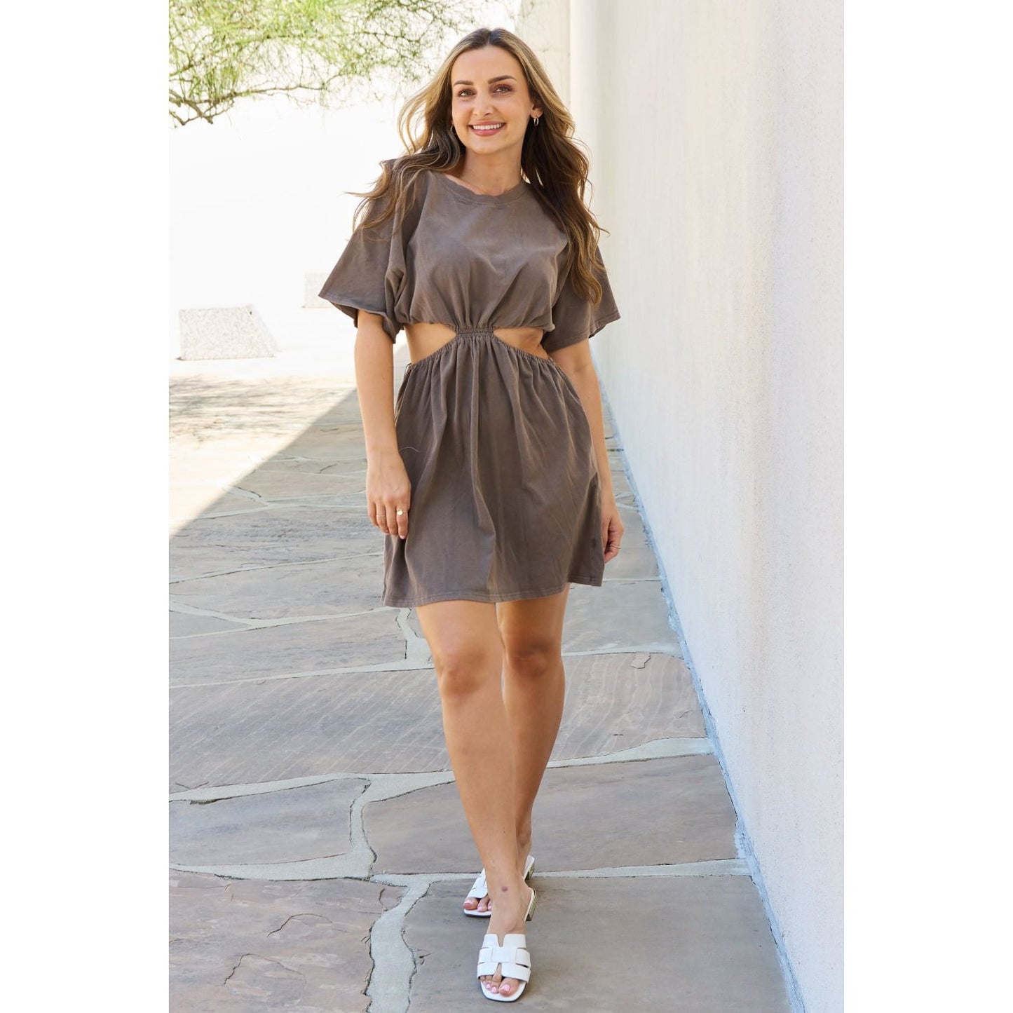 HEYSON Summer Field Cutout T-Shirt Dress in Taupe