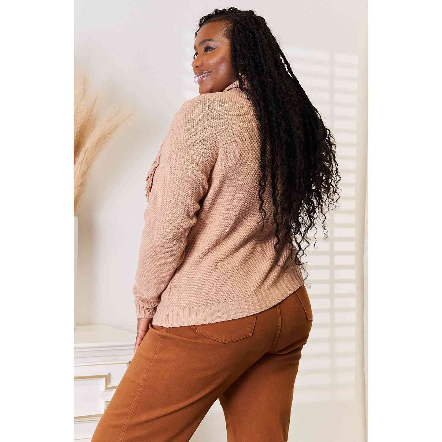 Woven Right Turtleneck Fringe Front Long Sleeve Sweater
