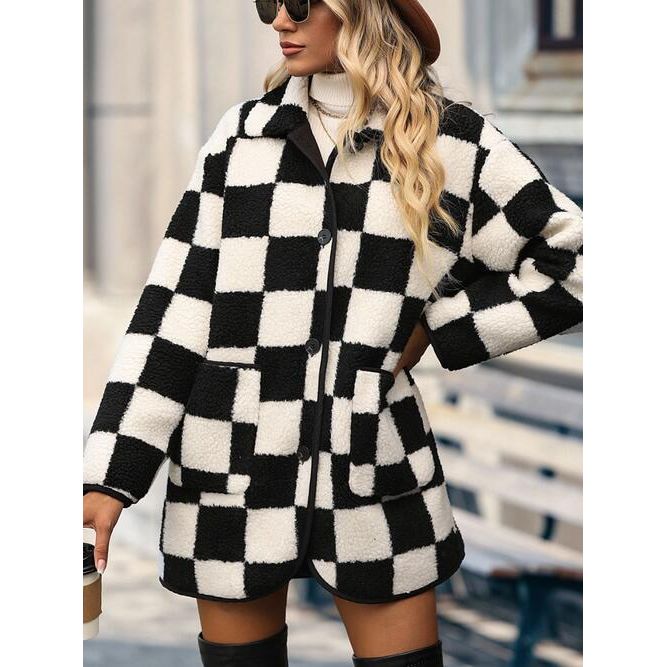 Double Take Full Size Checkered Button Front Coat with Pockets