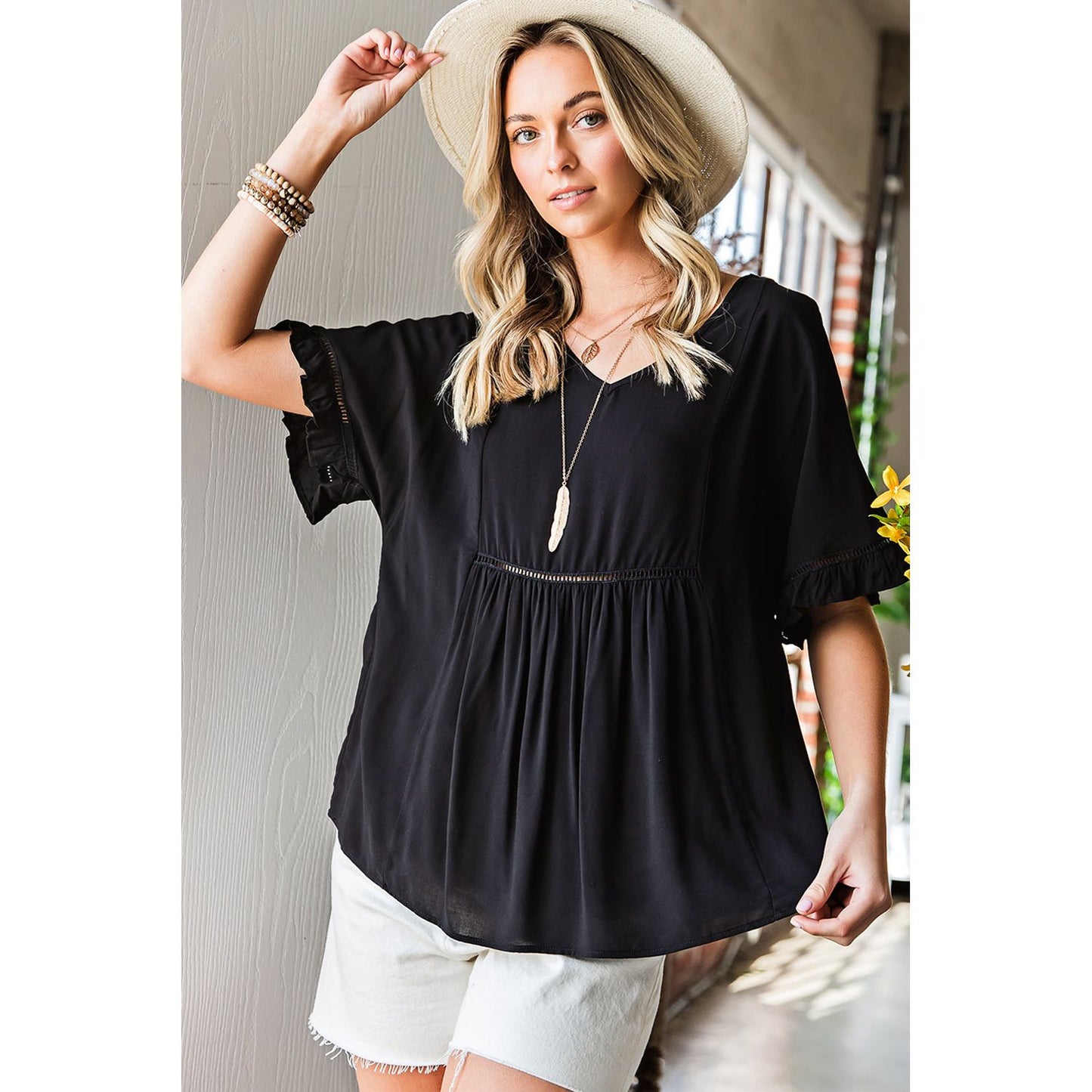 V-Neck Flounce Sleeve Babydoll Blouse