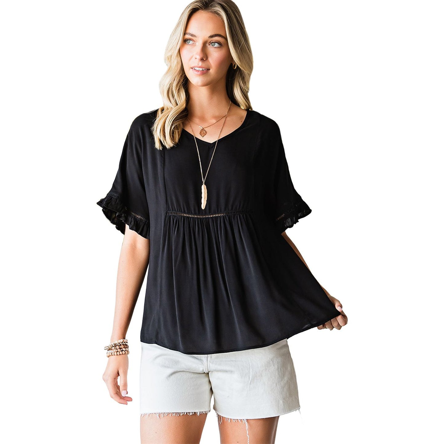 V-Neck Flounce Sleeve Babydoll Blouse