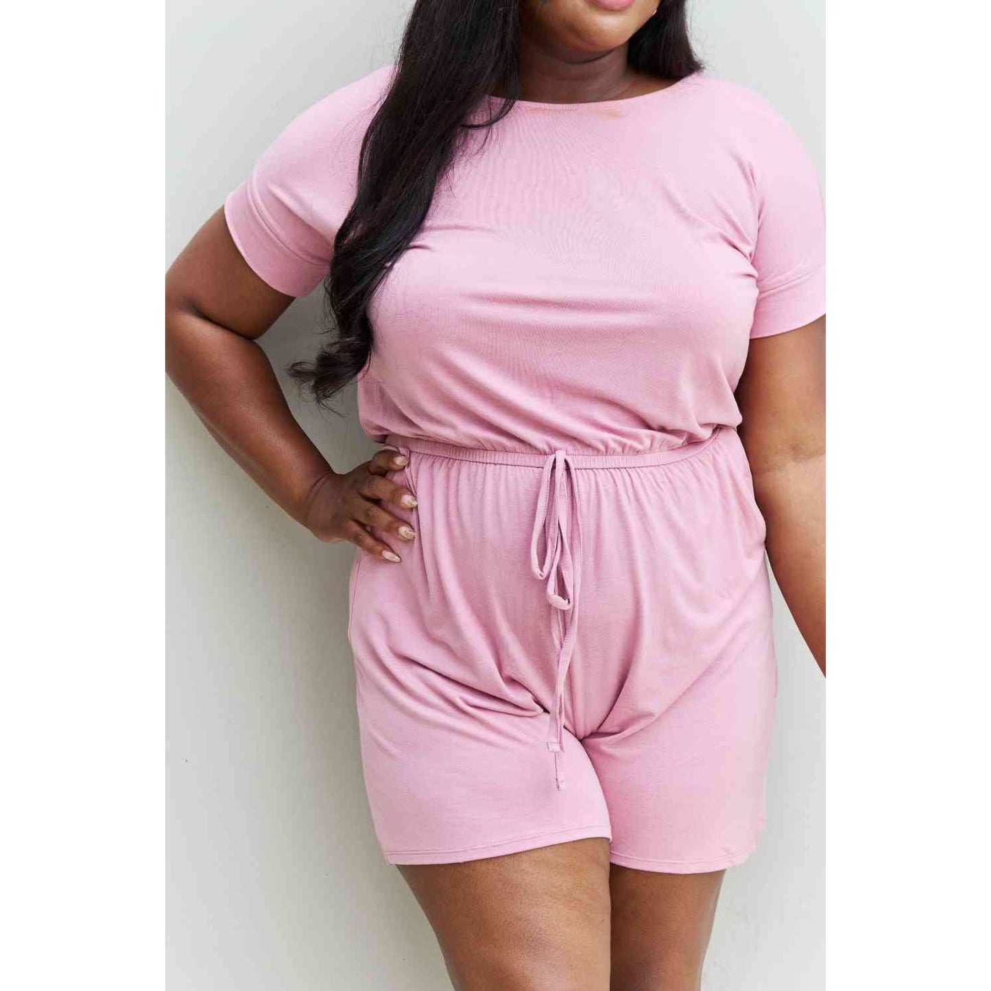 Zenana Chilled Out Full Size Short Sleeve Romper in Light Carnation Pink