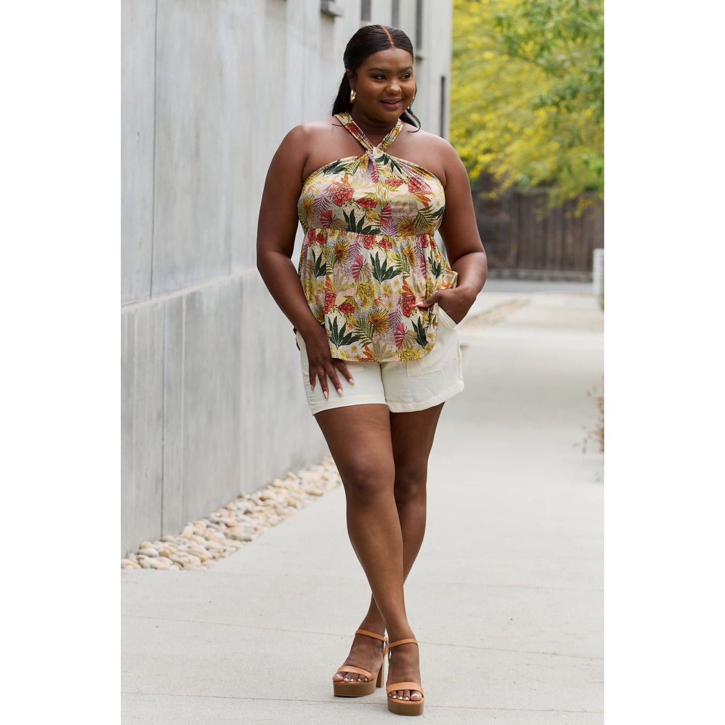 Be Stage Full Size Floral Halter Top in Green