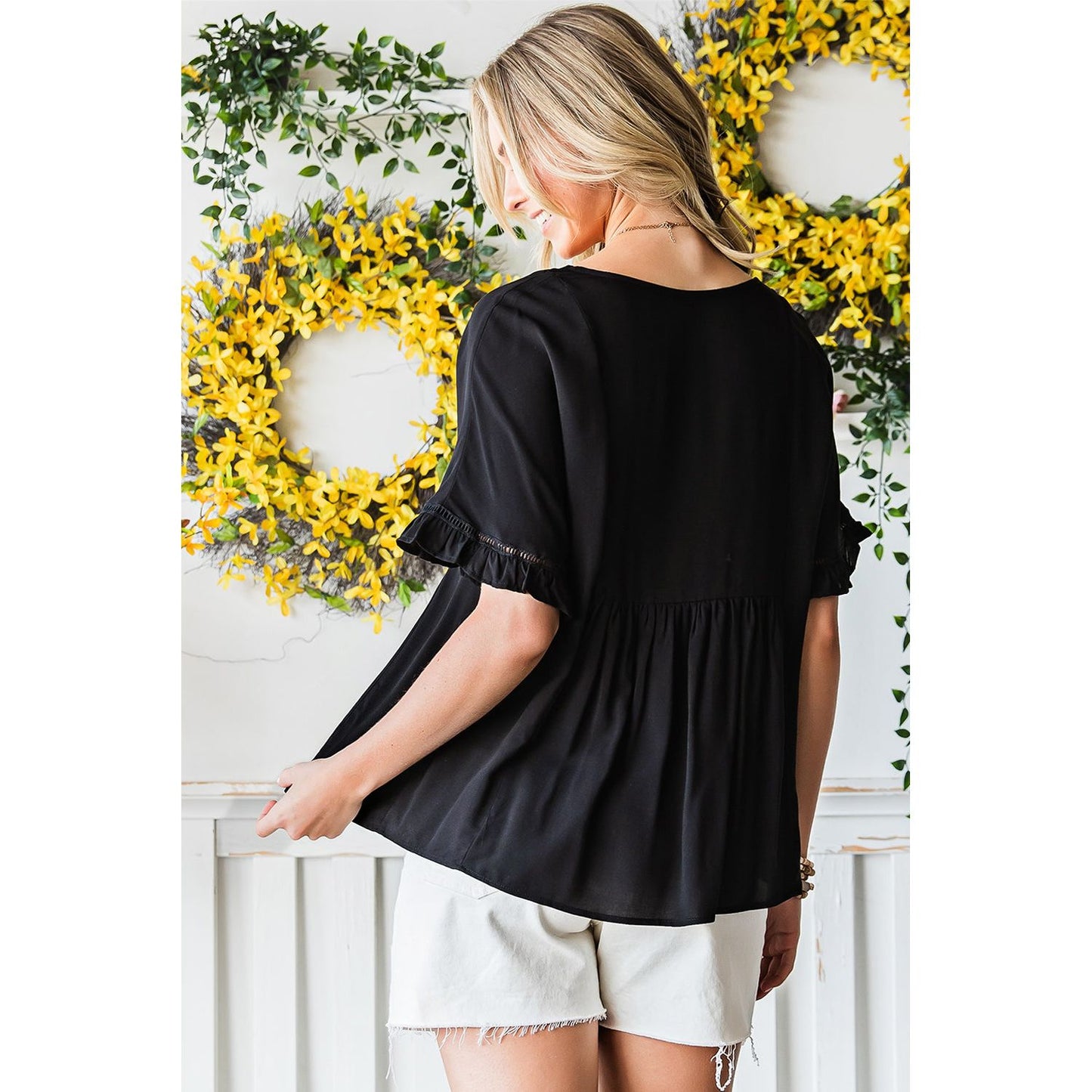 V-Neck Flounce Sleeve Babydoll Blouse