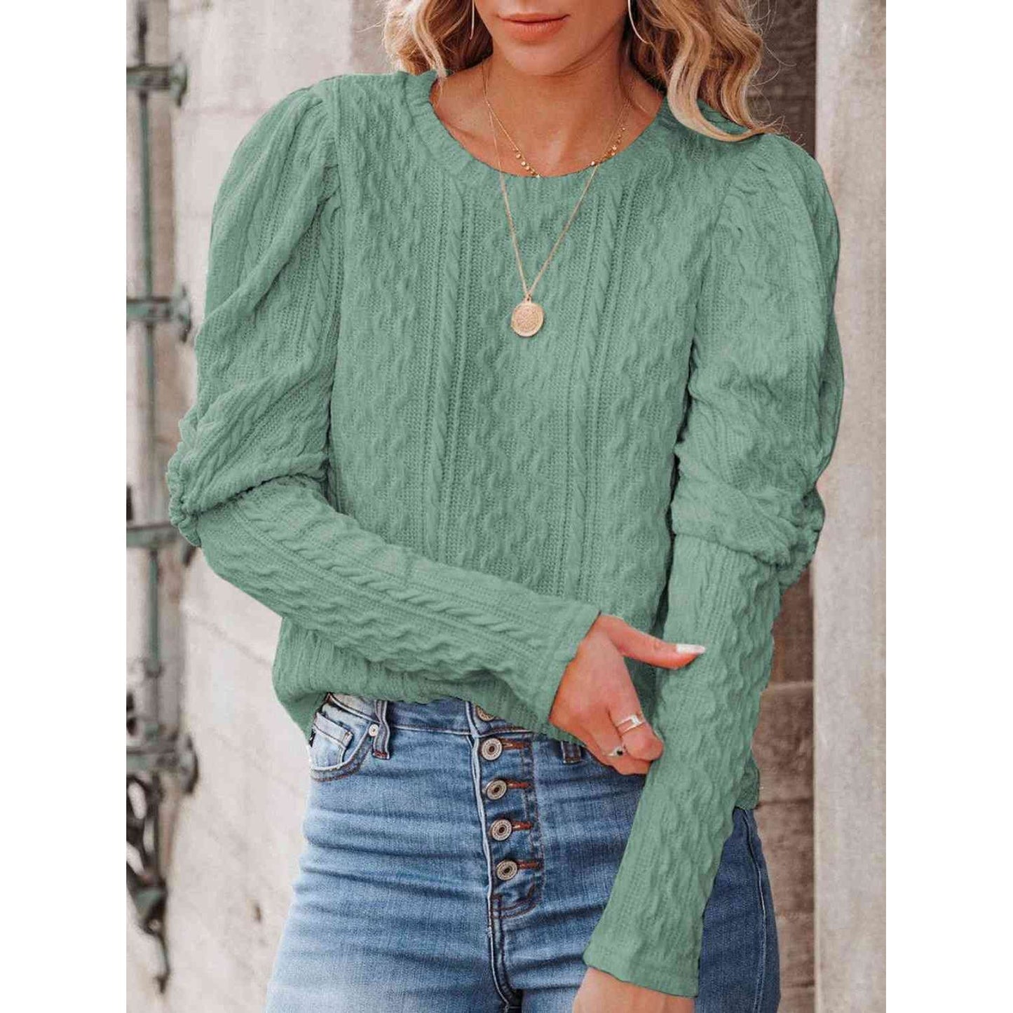 Round Neck Puff Sleeve Knit Top