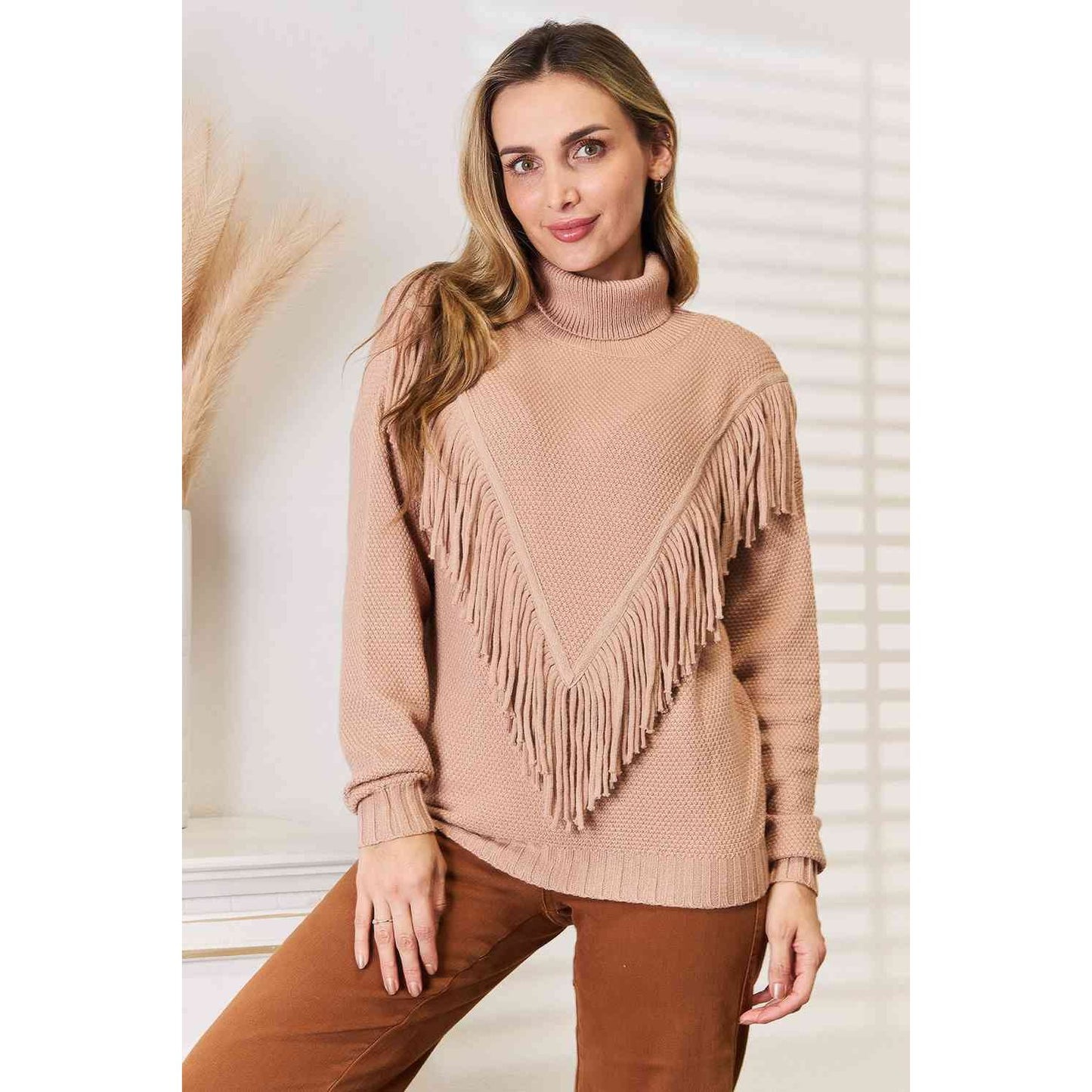 Woven Right Turtleneck Fringe Front Long Sleeve Sweater