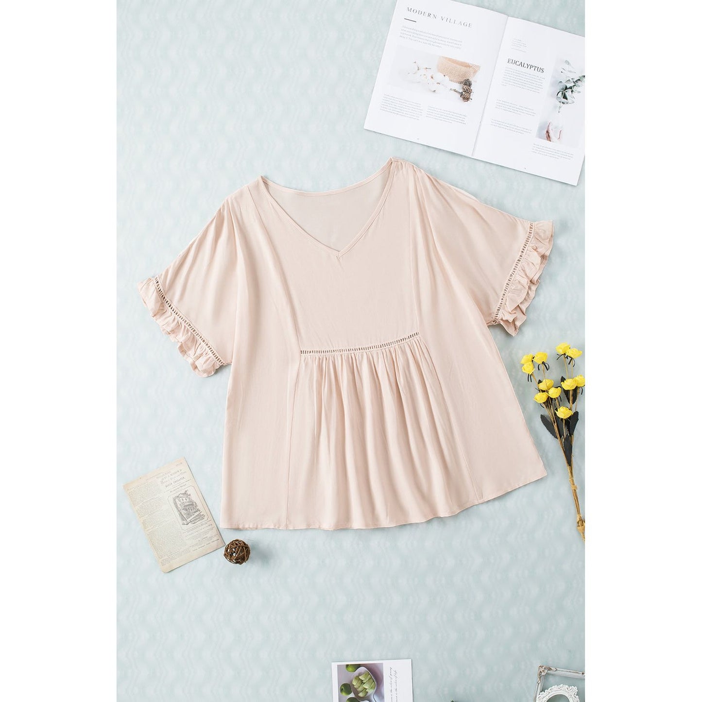 V-Neck Flounce Sleeve Babydoll Blouse