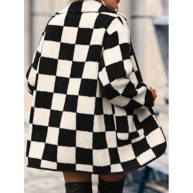 Double Take Full Size Checkered Button Front Coat with Pockets