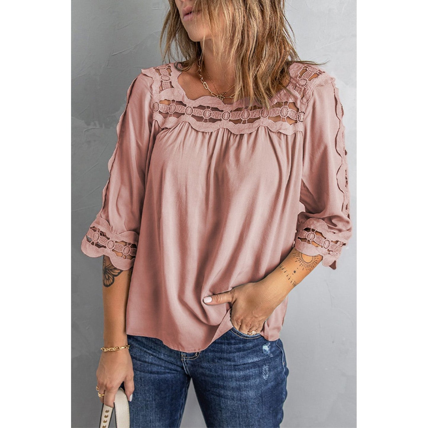 Crochet Trim Cutout Babydoll Blouse