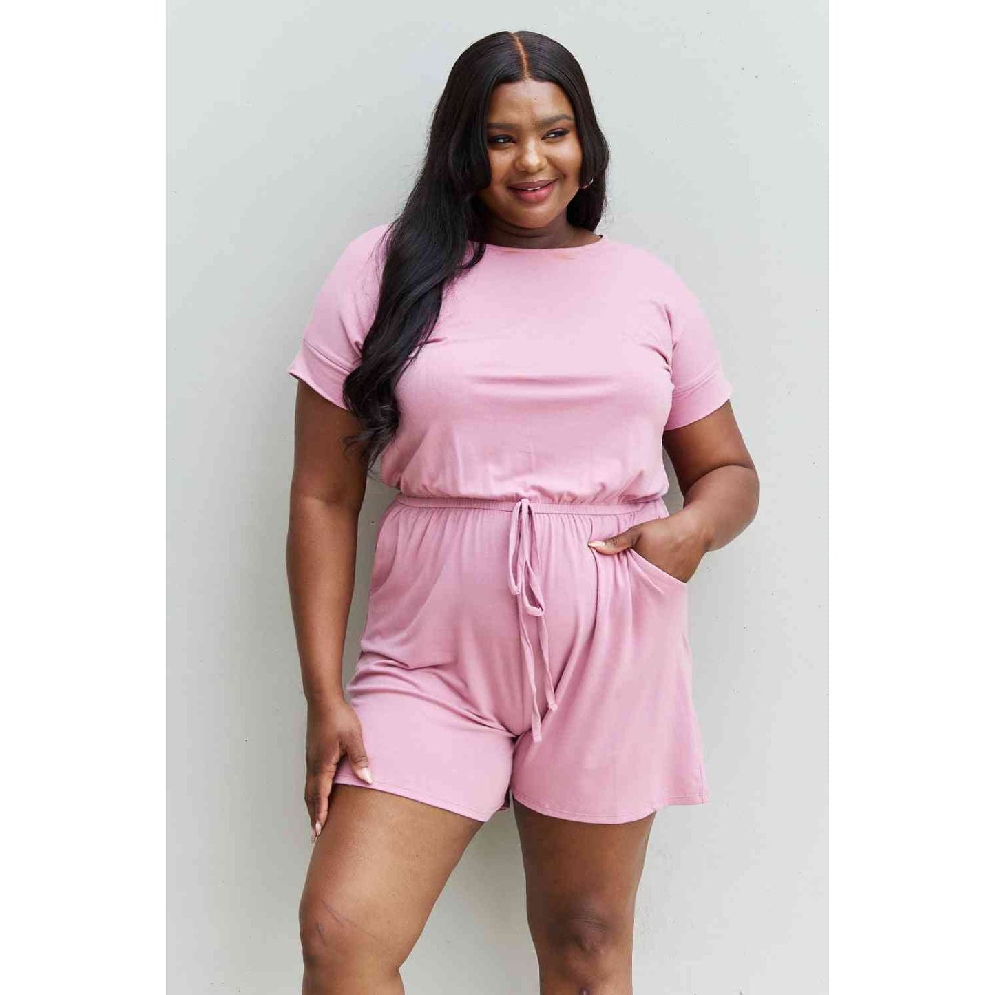 Zenana Chilled Out Full Size Short Sleeve Romper in Light Carnation Pink