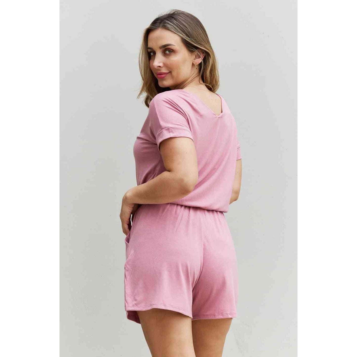 Zenana Chilled Out Full Size Short Sleeve Romper in Light Carnation Pink