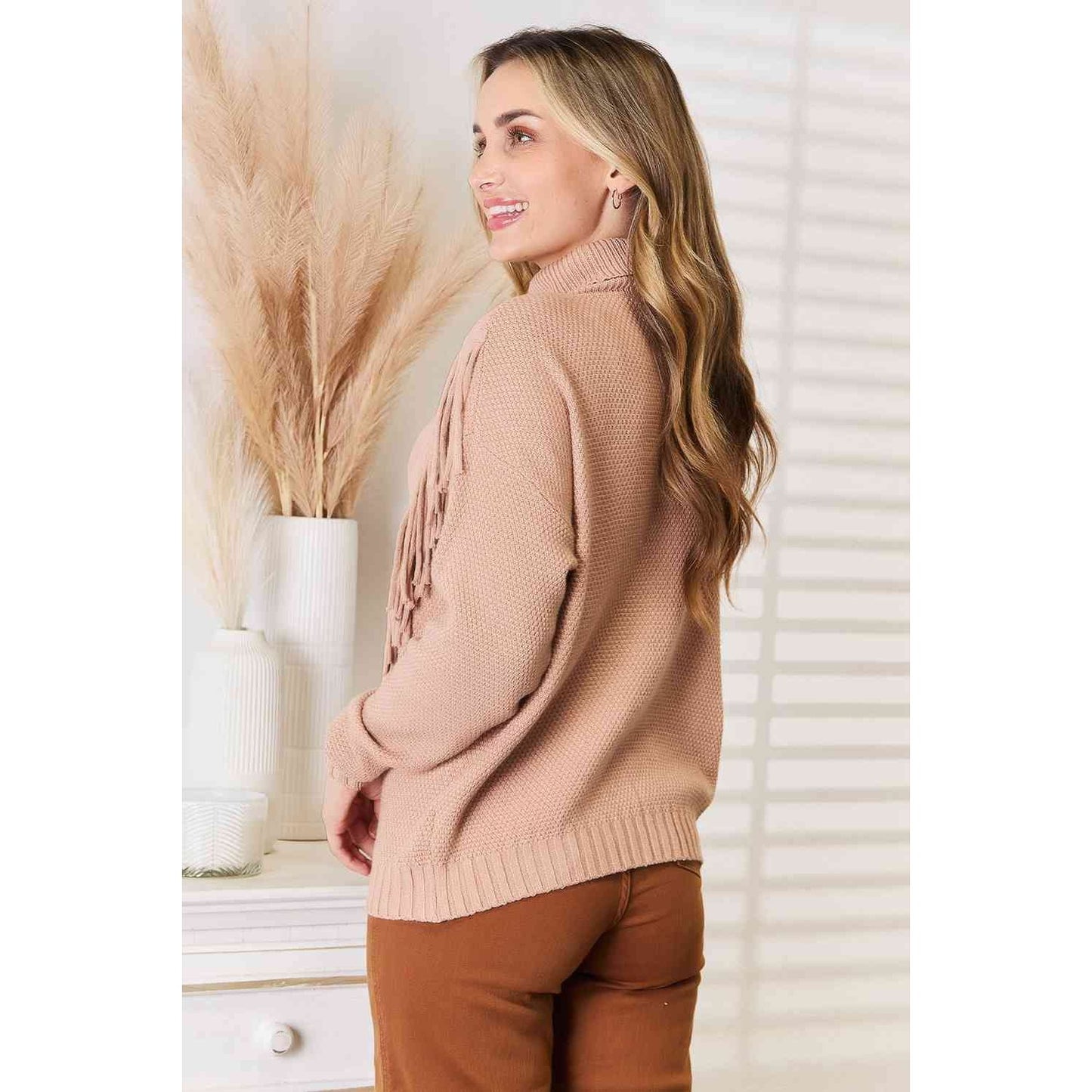 Woven Right Turtleneck Fringe Front Long Sleeve Sweater