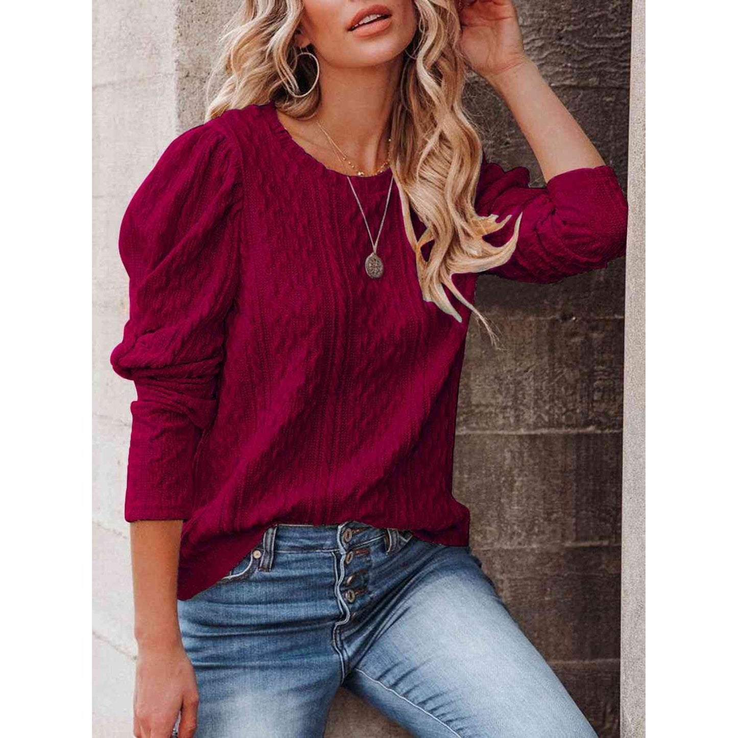 Round Neck Puff Sleeve Knit Top