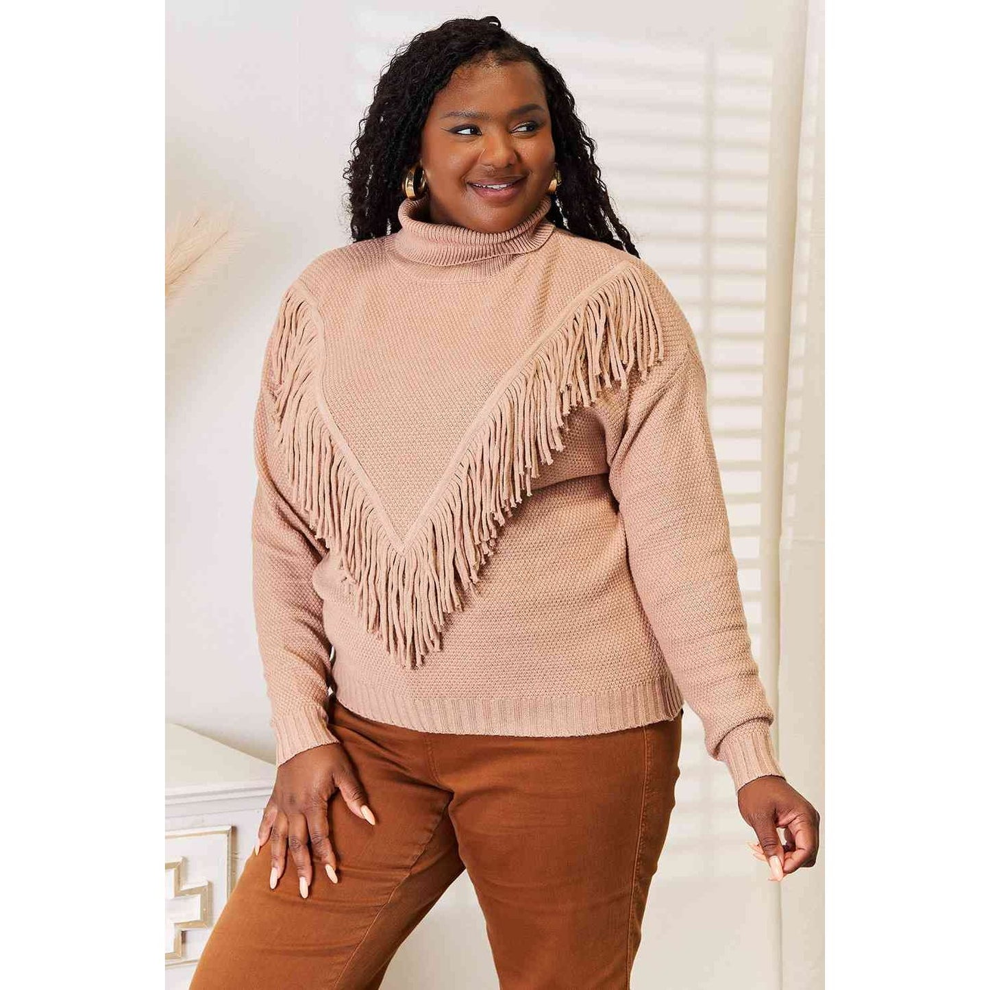 Woven Right Turtleneck Fringe Front Long Sleeve Sweater
